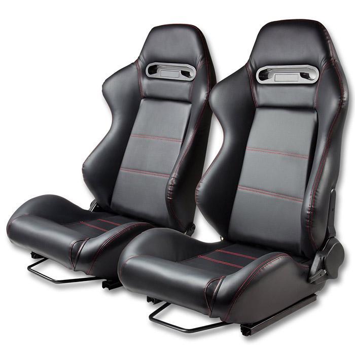 Auto Dynasty Type-R Style Black Faux Leather Reclinable Sport Racing Seats With Red Stitch (Pair)